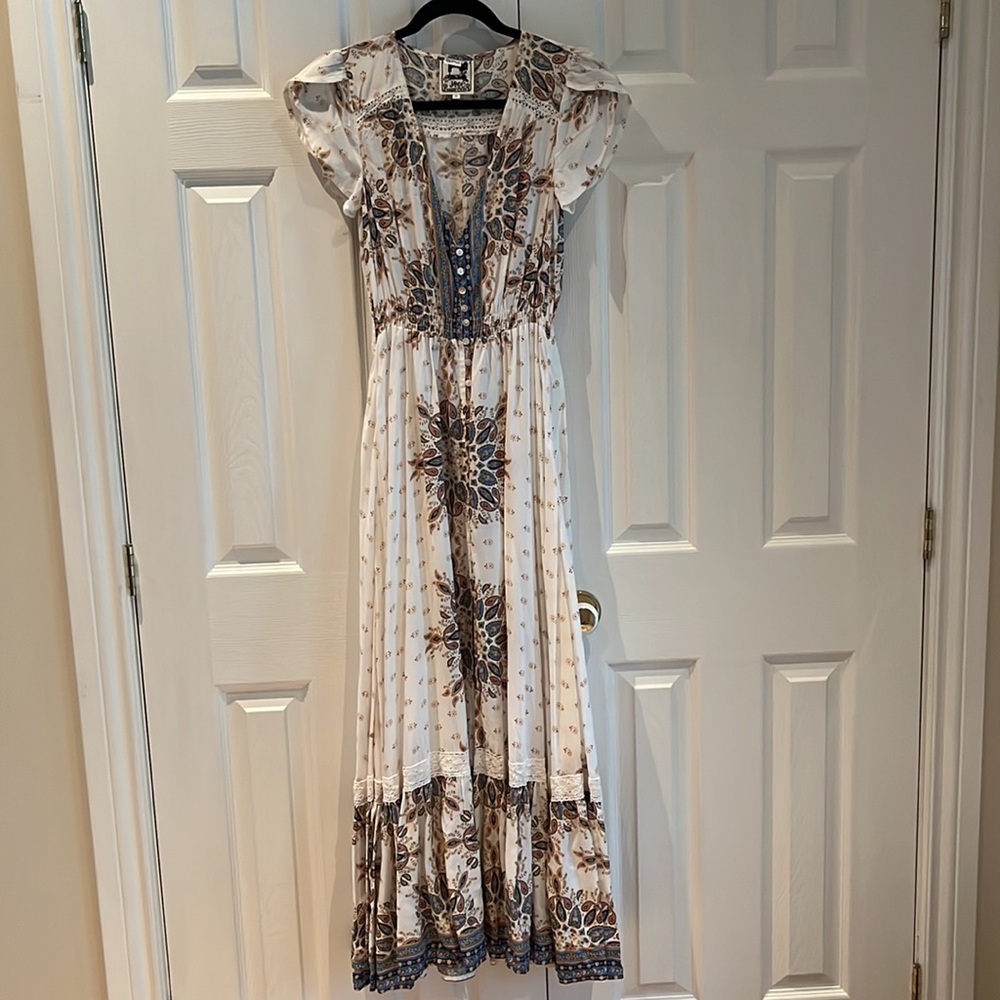 Boho Floral White and Brown Maxi Dress